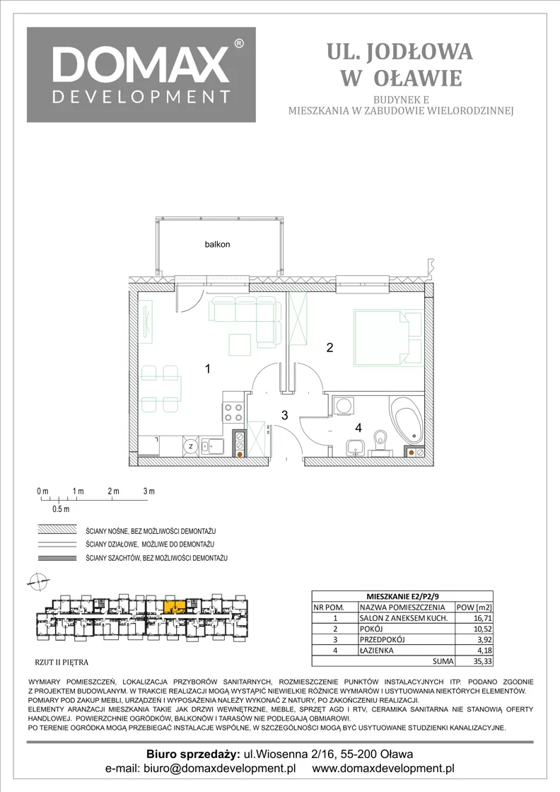 2 pokoje, mieszkanie 35,33 m², piętro 2, oferta nr E2/P2/9, Osiedle Jodłowa etap III budynek E, Oława, ul. Jodłowa 42-44