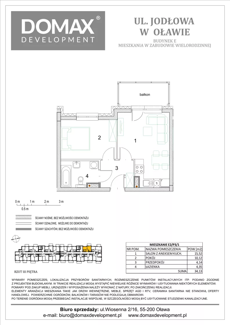 2 pokoje, mieszkanie 34,13 m², piętro 3, oferta nr E2/P3/1, Osiedle Jodłowa etap III budynek E, Oława, ul. Jodłowa 42-44