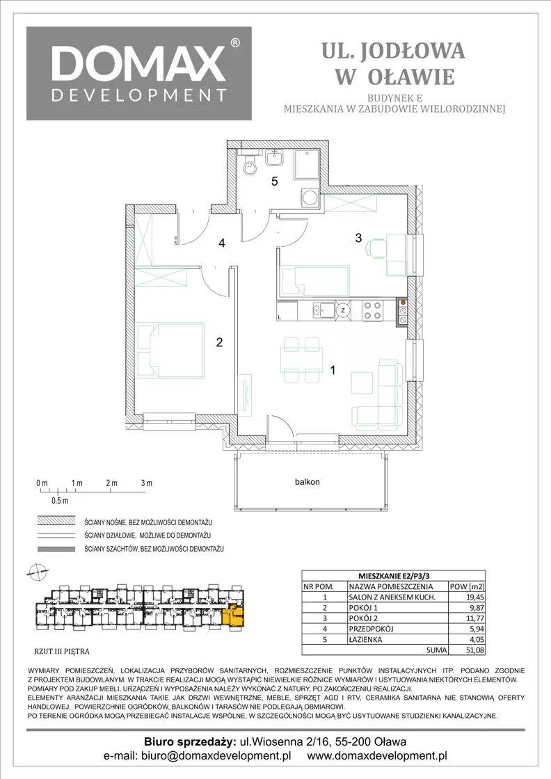 3 pokoje, mieszkanie 51,08 m², piętro 3, oferta nr E2/P3/3, Osiedle Jodłowa etap III budynek E, Oława, ul. Jodłowa 42-44