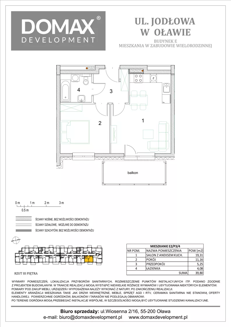 2 pokoje, mieszkanie 39,80 m², piętro 3, oferta nr E2/P3/4, Osiedle Jodłowa etap III budynek E, Oława, ul. Jodłowa 42-44