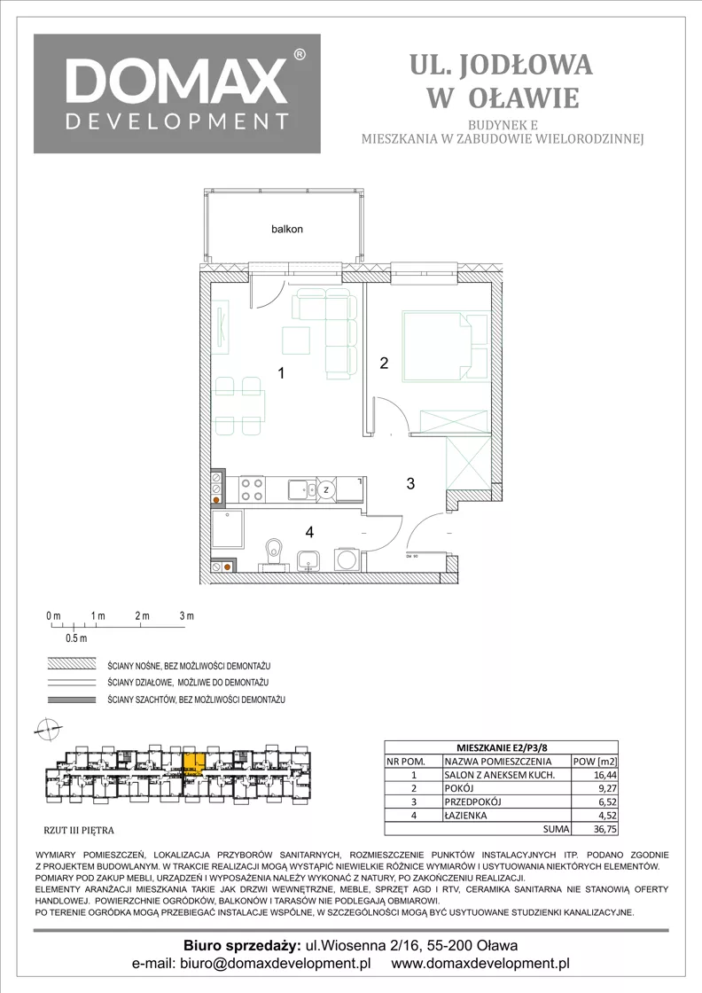 2 pokoje, mieszkanie 36,75 m², piętro 3, oferta nr E2/P3/8, Osiedle Jodłowa etap III budynek E, Oława, ul. Jodłowa 42-44
