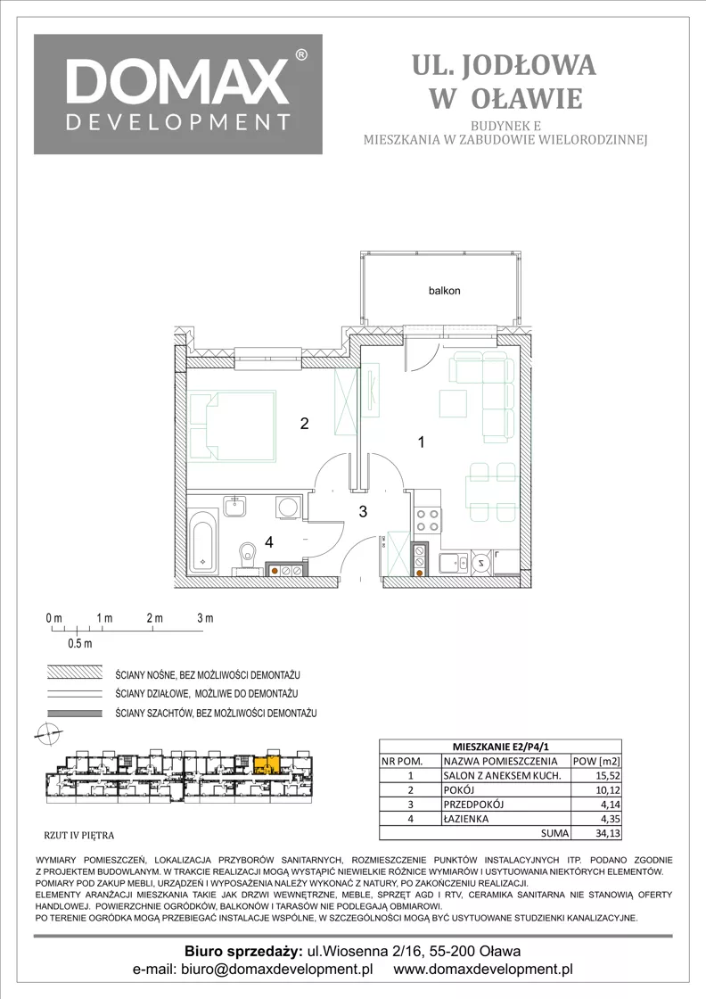 2 pokoje, mieszkanie 34,13 m², piętro 4, oferta nr E2/P4/1, Osiedle Jodłowa etap III budynek E, Oława, ul. Jodłowa 42-44