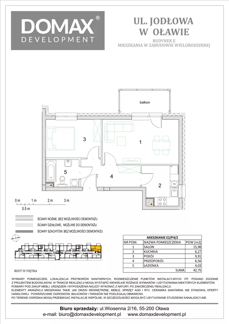 2 pokoje, mieszkanie 42,75 m², piętro 4, oferta nr E2/P4/2, Osiedle Jodłowa etap III budynek E, Oława, ul. Jodłowa 42-44