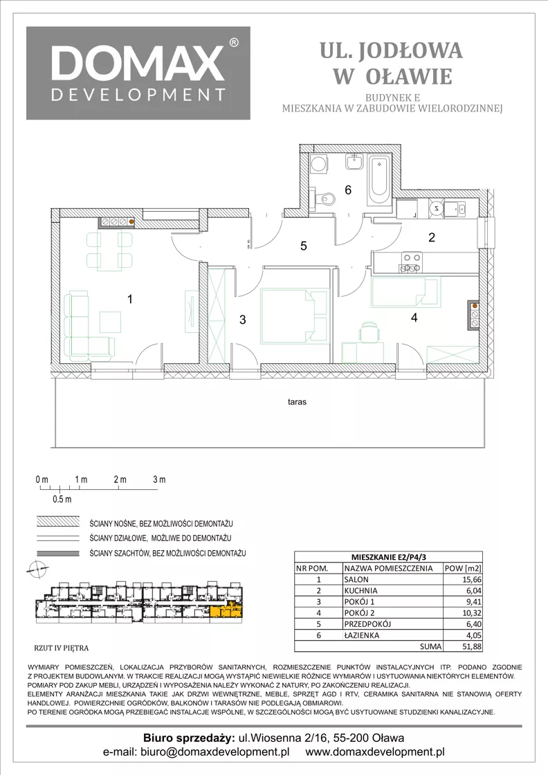 3 pokoje, mieszkanie 51,88 m², piętro 4, oferta nr E2/P4/3, Osiedle Jodłowa etap III budynek E, Oława, ul. Jodłowa 42-44