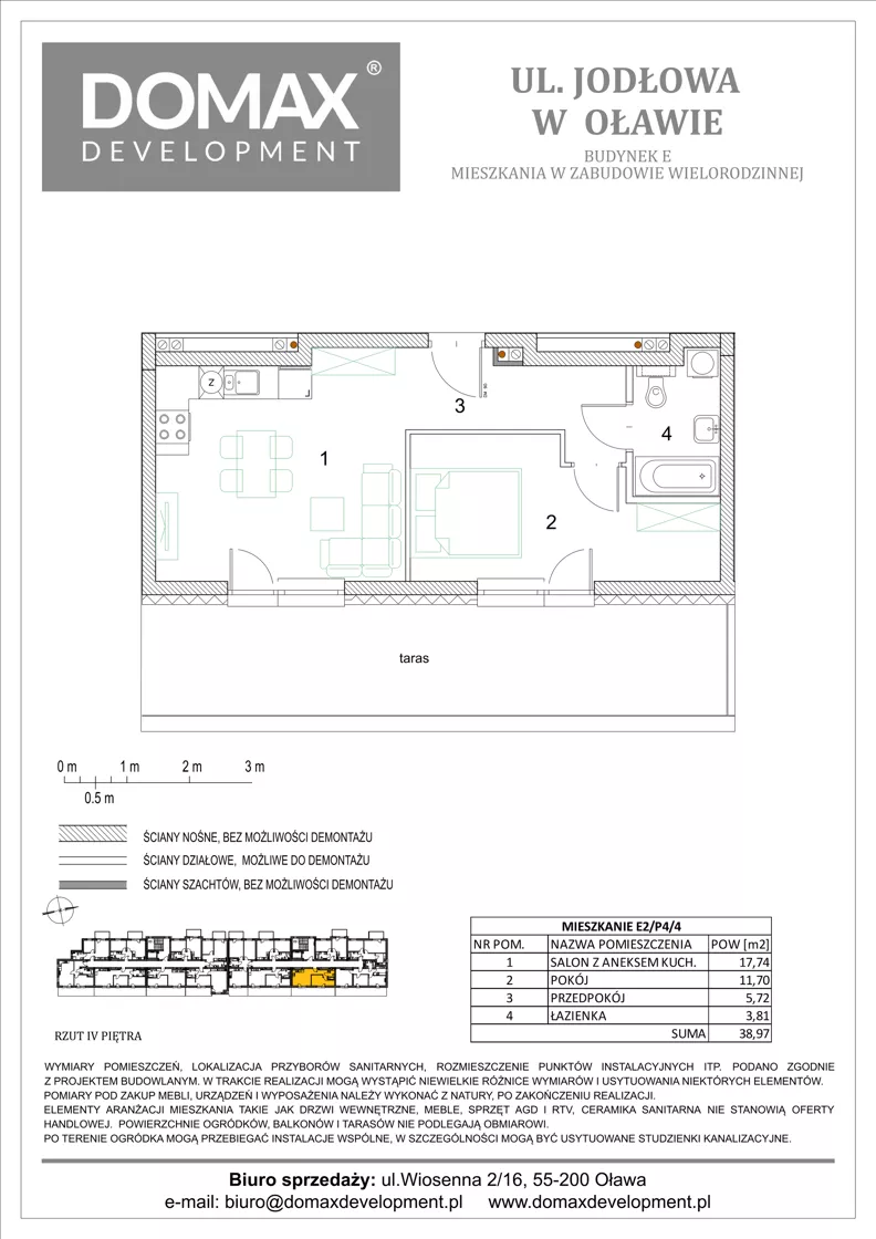 2 pokoje, mieszkanie 38,97 m², piętro 4, oferta nr E2/P4/4, Osiedle Jodłowa etap III budynek E, Oława, ul. Jodłowa 42-44