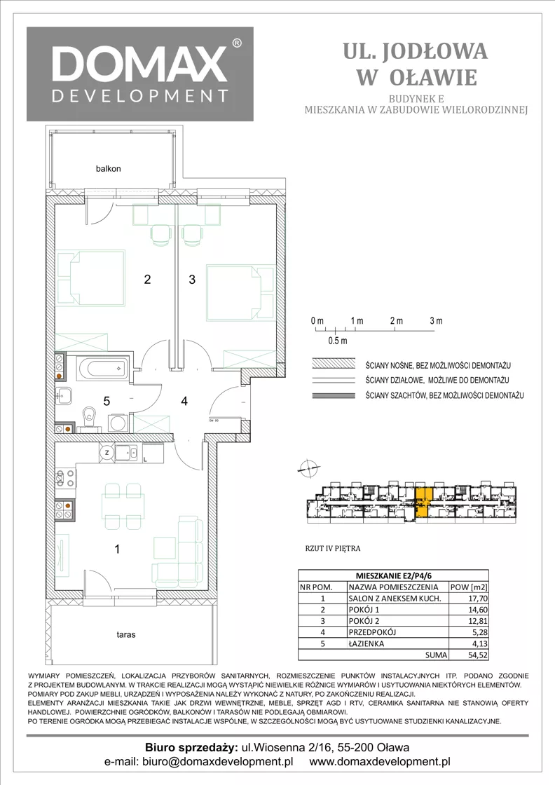 3 pokoje, mieszkanie 54,52 m², piętro 4, oferta nr E2/P4/6, Osiedle Jodłowa etap III budynek E, Oława, ul. Jodłowa 42-44