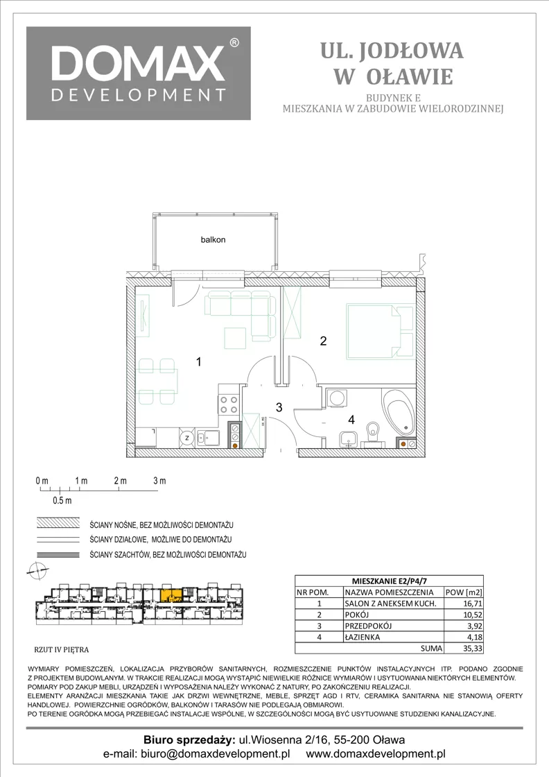 2 pokoje, mieszkanie 35,33 m², piętro 4, oferta nr E2/P4/7, Osiedle Jodłowa etap III budynek E, Oława, ul. Jodłowa 42-44