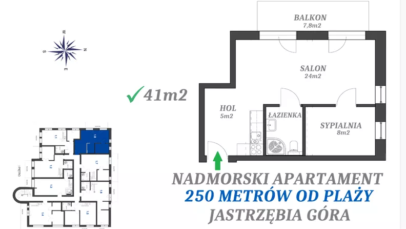 2 pokoje, apartament inwestycyjny 41,00 m², piętro 1, oferta nr 1.8, Apartamenty FILMARE, Jastrzębia Góra, ul. Derdowskiego 17