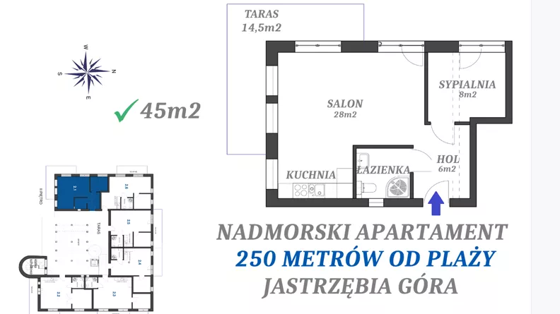 2 pokoje, apartament inwestycyjny 45,00 m², piętro 2, oferta nr 2.1, Apartamenty FILMARE, Jastrzębia Góra, ul. Derdowskiego 17