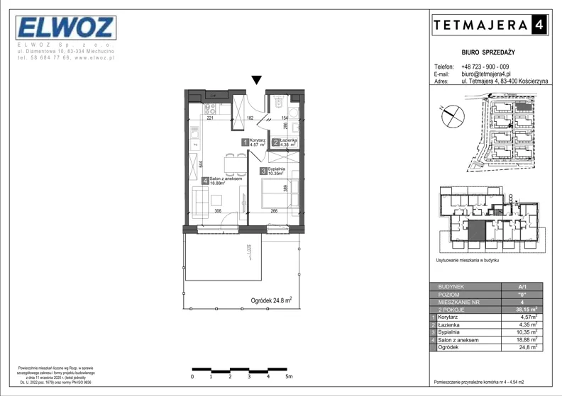2 pokoje, mieszkanie 38,15 m², parter, oferta nr A1.4, Tetmajera 4, Kościerzyna, ul. Kazimierza Przerwy-Tetmajera 4A