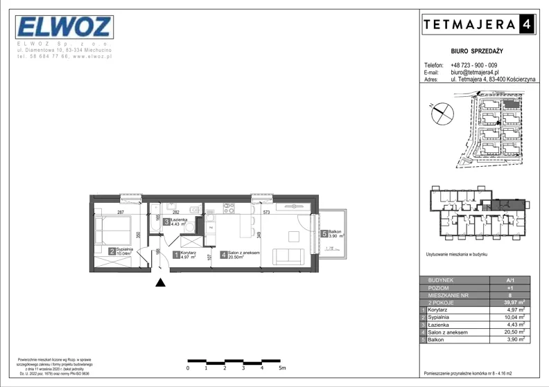 2 pokoje, mieszkanie 39,97 m², piętro 1, oferta nr A1.8, Tetmajera 4, Kościerzyna, ul. Kazimierza Przerwy-Tetmajera 4A