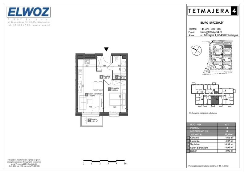 2 pokoje, mieszkanie 38,40 m², piętro 1, oferta nr A1.11, Tetmajera 4, Kościerzyna, ul. Kazimierza Przerwy-Tetmajera 4A