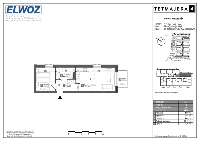 2 pokoje, mieszkanie 39,70 m², piętro 2, oferta nr A1.16, Tetmajera 4, Kościerzyna, ul. Kazimierza Przerwy-Tetmajera 4A