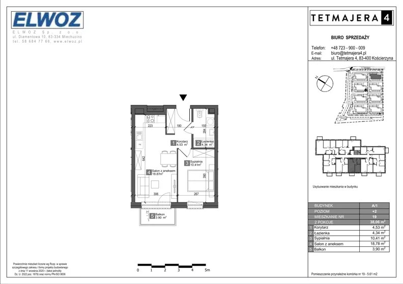 2 pokoje, mieszkanie 38,06 m², piętro 2, oferta nr A1.19, Tetmajera 4, Kościerzyna, ul. Kazimierza Przerwy-Tetmajera 4A