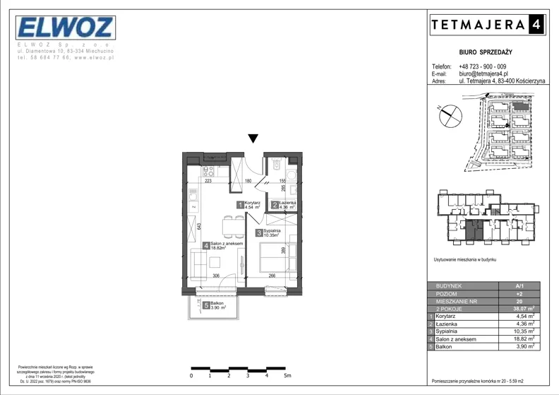 2 pokoje, mieszkanie 38,07 m², piętro 2, oferta nr A1.20, Tetmajera 4, Kościerzyna, ul. Kazimierza Przerwy-Tetmajera 4A