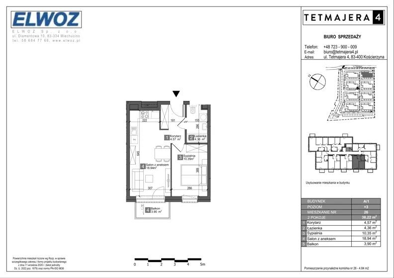 2 pokoje, mieszkanie 38,22 m², piętro 3, oferta nr A1.26, Tetmajera 4, Kościerzyna, ul. Kazimierza Przerwy-Tetmajera 4A