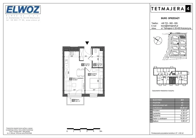 2 pokoje, mieszkanie 38,26 m², piętro 3, oferta nr A1.27, Tetmajera 4, Kościerzyna, ul. Kazimierza Przerwy-Tetmajera 4A