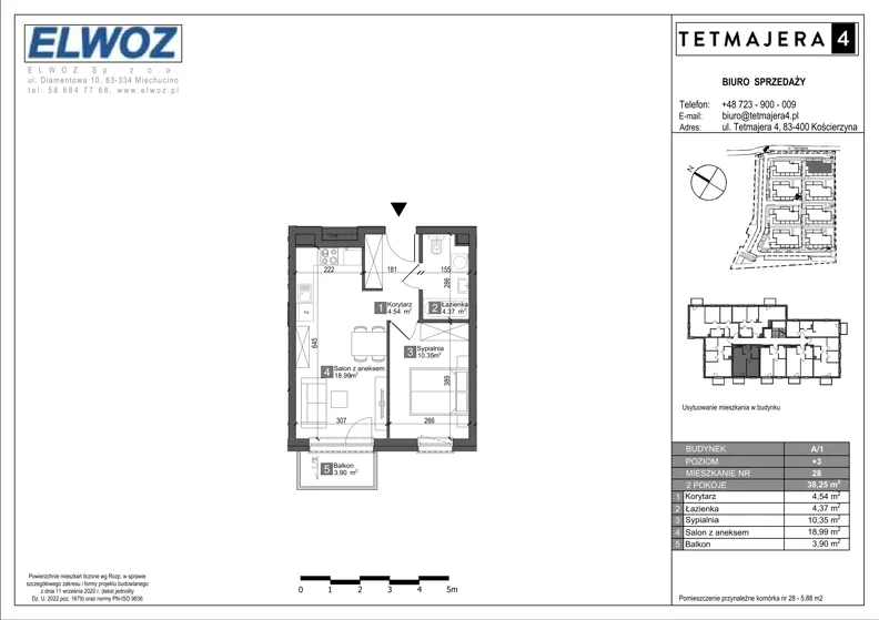 2 pokoje, mieszkanie 38,25 m², piętro 3, oferta nr A1.28, Tetmajera 4, Kościerzyna, ul. Kazimierza Przerwy-Tetmajera 4A