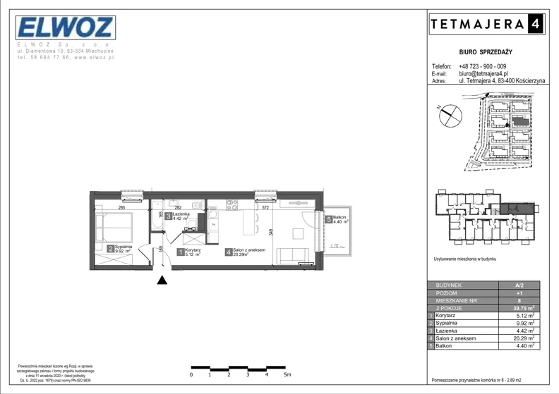2 pokoje, mieszkanie 39,75 m², piętro 1, oferta nr A2.8, Tetmajera 4, Kościerzyna, ul. Kazimierza Przerwy-Tetmajera 4A