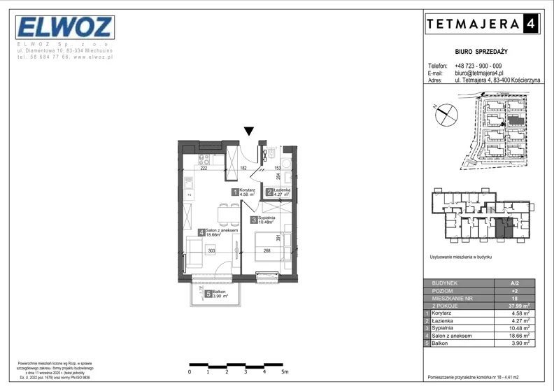 2 pokoje, mieszkanie 37,99 m², piętro 2, oferta nr A2.18, Tetmajera 4, Kościerzyna, ul. Kazimierza Przerwy-Tetmajera 4A