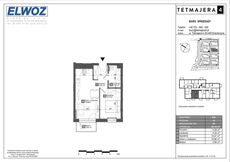2 pokoje, mieszkanie 38,18 m², piętro 2, oferta nr A2.20, Tetmajera 4, Kościerzyna, ul. Kazimierza Przerwy-Tetmajera 4A