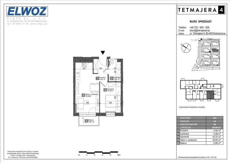 2 pokoje, mieszkanie 38,09 m², piętro 3, oferta nr A2.26, Tetmajera 4, Kościerzyna, ul. Kazimierza Przerwy-Tetmajera 4A