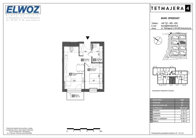 2 pokoje, mieszkanie 38,13 m², piętro 3, oferta nr A2.27, Tetmajera 4, Kościerzyna, ul. Kazimierza Przerwy-Tetmajera 4A