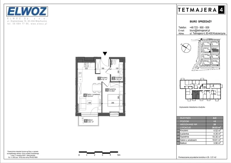 2 pokoje, mieszkanie 38,03 m², piętro 3, oferta nr A2.28, Tetmajera 4, Kościerzyna, ul. Kazimierza Przerwy-Tetmajera 4A