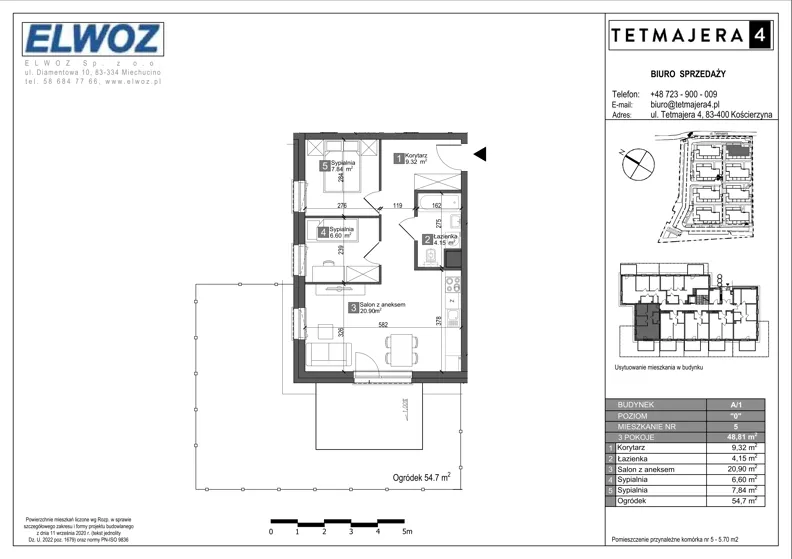 3 pokoje, mieszkanie 48,81 m², parter, oferta nr A1.5, Tetmajera 4, Kościerzyna, ul. Kazimierza Przerwy-Tetmajera 4A