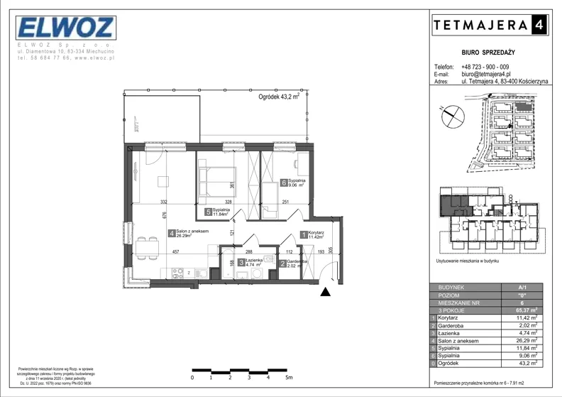 3 pokoje, mieszkanie 65,37 m², parter, oferta nr A1.6, Tetmajera 4, Kościerzyna, ul. Kazimierza Przerwy-Tetmajera 4A