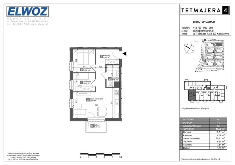 3 pokoje, mieszkanie 48,96 m², piętro 1, oferta nr A1.13, Tetmajera 4, Kościerzyna, ul. Kazimierza Przerwy-Tetmajera 4A