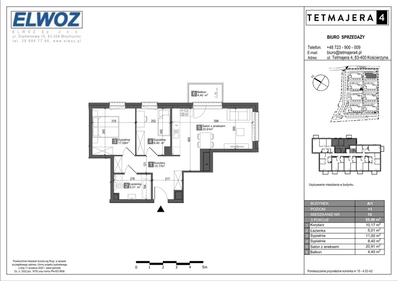 3 pokoje, mieszkanie 55,49 m², piętro 1, oferta nr A1.15, Tetmajera 4, Kościerzyna, ul. Kazimierza Przerwy-Tetmajera 4A