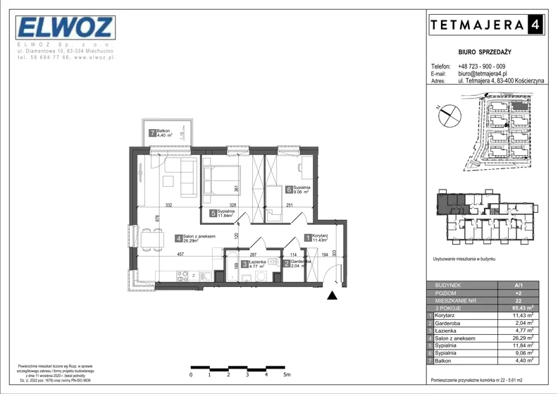 3 pokoje, mieszkanie 65,43 m², piętro 2, oferta nr A1.22, Tetmajera 4, Kościerzyna, ul. Kazimierza Przerwy-Tetmajera 4A
