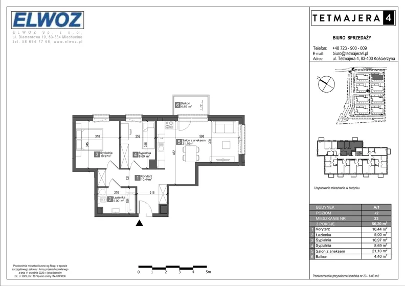 3 pokoje, mieszkanie 56,20 m², piętro 2, oferta nr A1.23, Tetmajera 4, Kościerzyna, ul. Kazimierza Przerwy-Tetmajera 4A