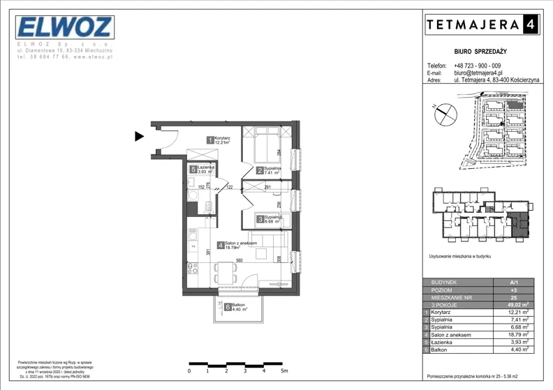 3 pokoje, mieszkanie 49,02 m², piętro 3, oferta nr A1.25, Tetmajera 4, Kościerzyna, ul. Kazimierza Przerwy-Tetmajera 4A