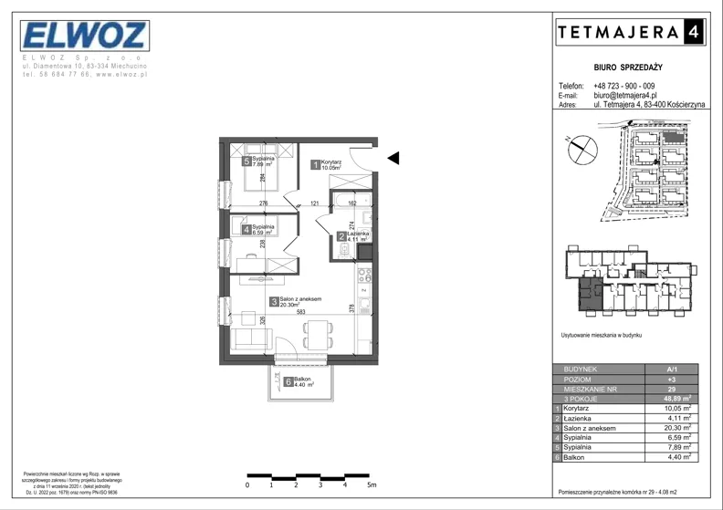 3 pokoje, mieszkanie 48,89 m², piętro 3, oferta nr A1.29, Tetmajera 4, Kościerzyna, ul. Kazimierza Przerwy-Tetmajera 4A