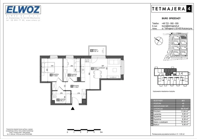 3 pokoje, mieszkanie 55,72 m², piętro 3, oferta nr A1.31, Tetmajera 4, Kościerzyna, ul. Kazimierza Przerwy-Tetmajera 4A