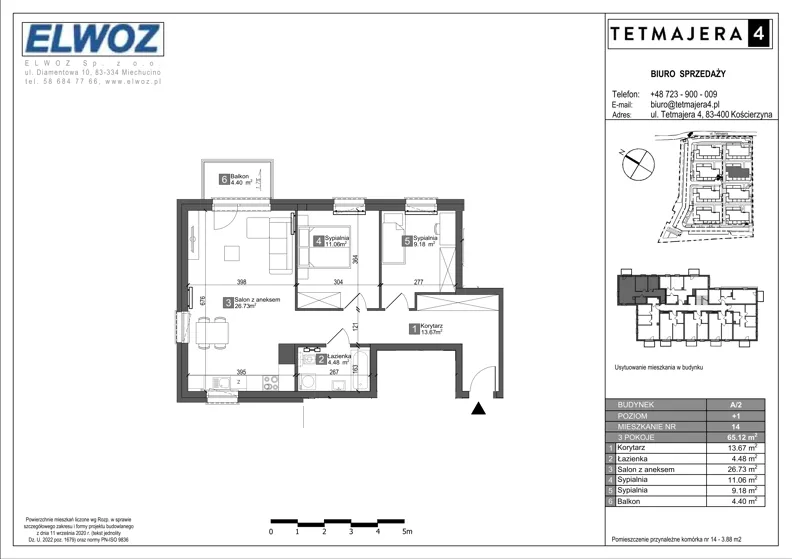 3 pokoje, mieszkanie 65,12 m², piętro 1, oferta nr A2.14, Tetmajera 4, Kościerzyna, ul. Kazimierza Przerwy-Tetmajera 4A