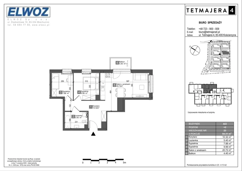 3 pokoje, mieszkanie 54,31 m², piętro 2, oferta nr A2.23, Tetmajera 4, Kościerzyna, ul. Kazimierza Przerwy-Tetmajera 4A