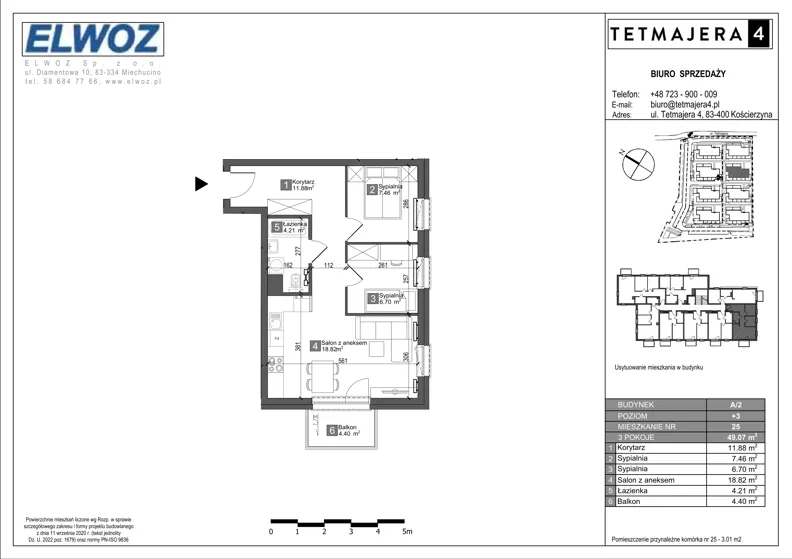 3 pokoje, mieszkanie 49,07 m², piętro 3, oferta nr A2.25, Tetmajera 4, Kościerzyna, ul. Kazimierza Przerwy-Tetmajera 4A