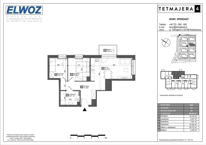 3 pokoje, mieszkanie 54,65 m², piętro 3, oferta nr A2.31, Tetmajera 4, Kościerzyna, ul. Kazimierza Przerwy-Tetmajera 4A