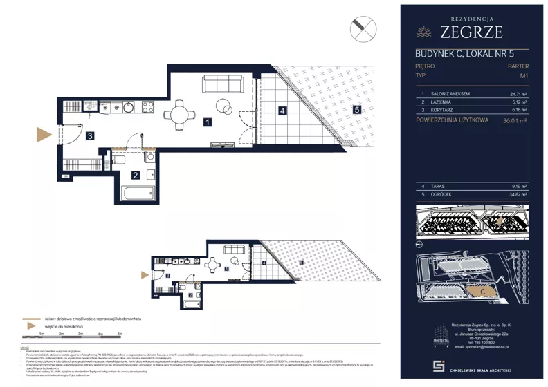 1 pokój, mieszkanie 36,01 m², parter, oferta nr C05, Rezydencja Zegrze III, Zegrze, ul. Groszkowskiego 22A