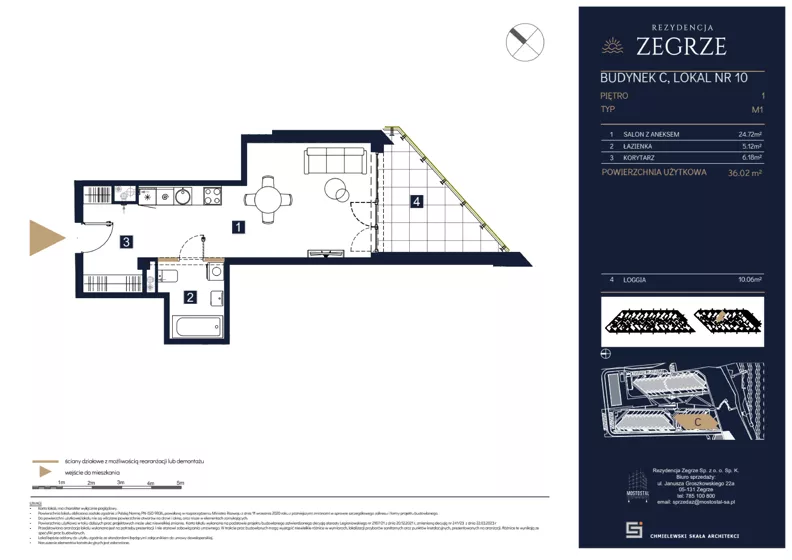 1 pokój, mieszkanie 36,02 m², piętro 1, oferta nr C10, Rezydencja Zegrze III, Zegrze, ul. Groszkowskiego 22A