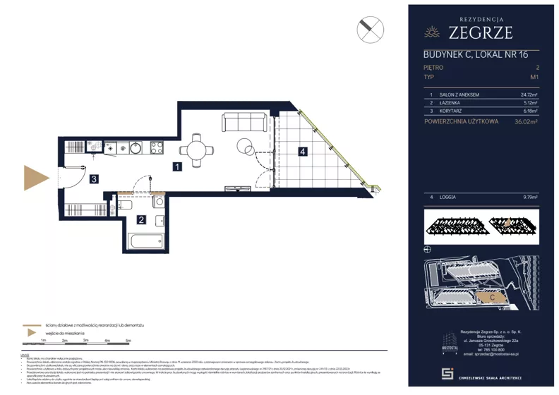 1 pokój, mieszkanie 36,02 m², piętro 2, oferta nr C16, Rezydencja Zegrze III, Zegrze, ul. Groszkowskiego 22A