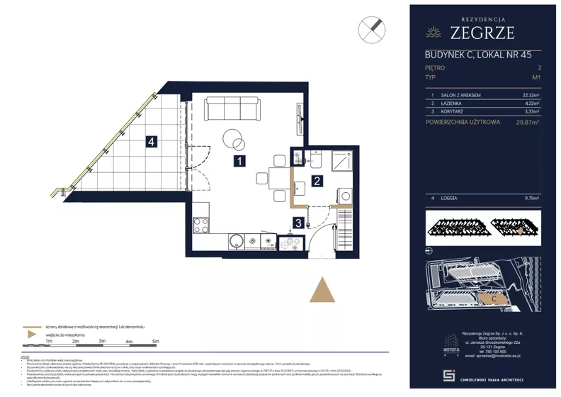 1 pokój, mieszkanie 29,87 m², piętro 2, oferta nr C45, Rezydencja Zegrze III, Zegrze, ul. Groszkowskiego 22A