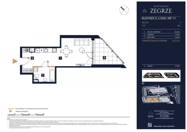 1 pokój, mieszkanie 36,37 m², piętro 1, oferta nr D11, Rezydencja Zegrze III, Zegrze, ul. Groszkowskiego 22A