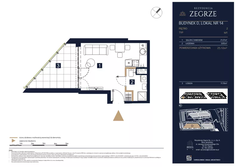 1 pokój, mieszkanie 25,12 m², piętro 2, oferta nr D14, Rezydencja Zegrze III, Zegrze, ul. Groszkowskiego 22A