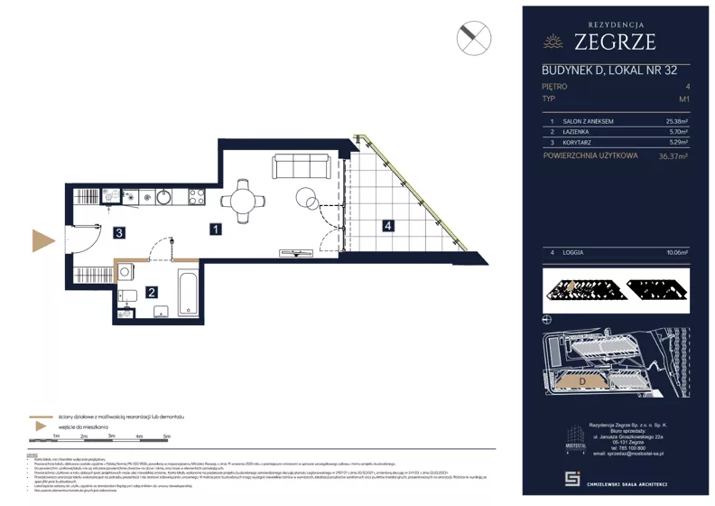 1 pokój, mieszkanie 36,37 m², piętro 4, oferta nr D32, Rezydencja Zegrze III, Zegrze, ul. Groszkowskiego 22A