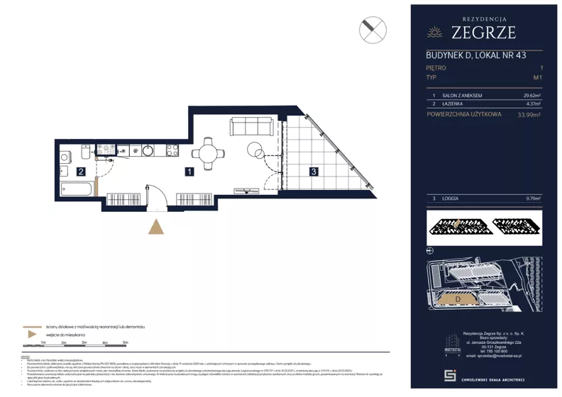 1 pokój, mieszkanie 33,99 m², piętro 1, oferta nr D43, Rezydencja Zegrze III, Zegrze, ul. Groszkowskiego 22A