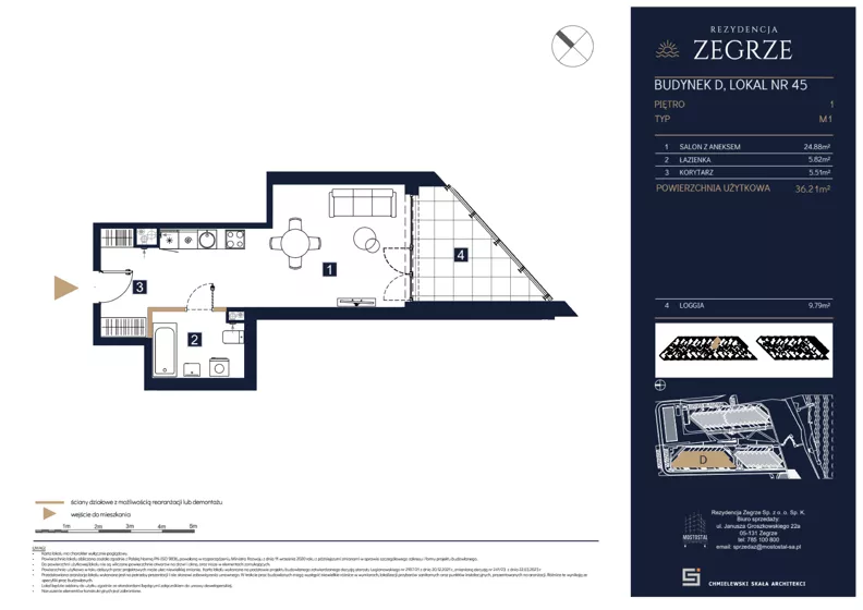 1 pokój, mieszkanie 36,21 m², piętro 1, oferta nr D45, Rezydencja Zegrze III, Zegrze, ul. Groszkowskiego 22A